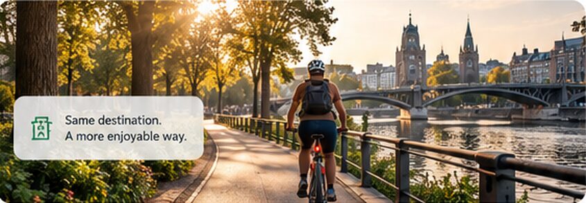 A cyclist on a tree-lined riverside path at sunset